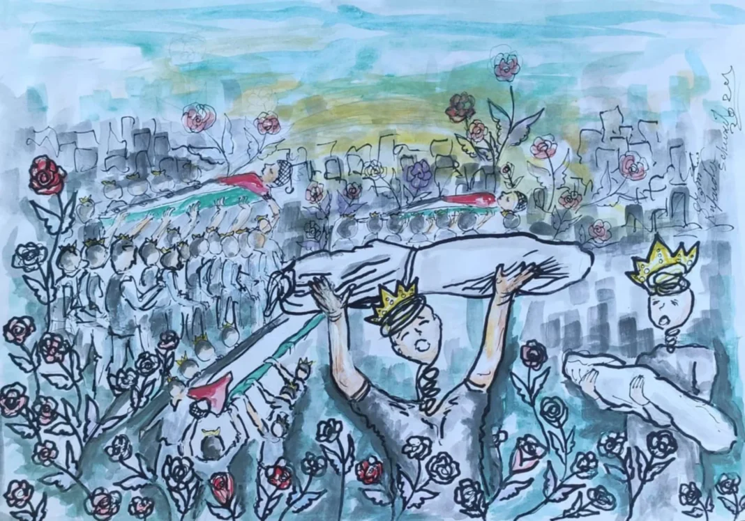 En tegning fra Gaza. (Fotos: Privat/Varangeravisa)